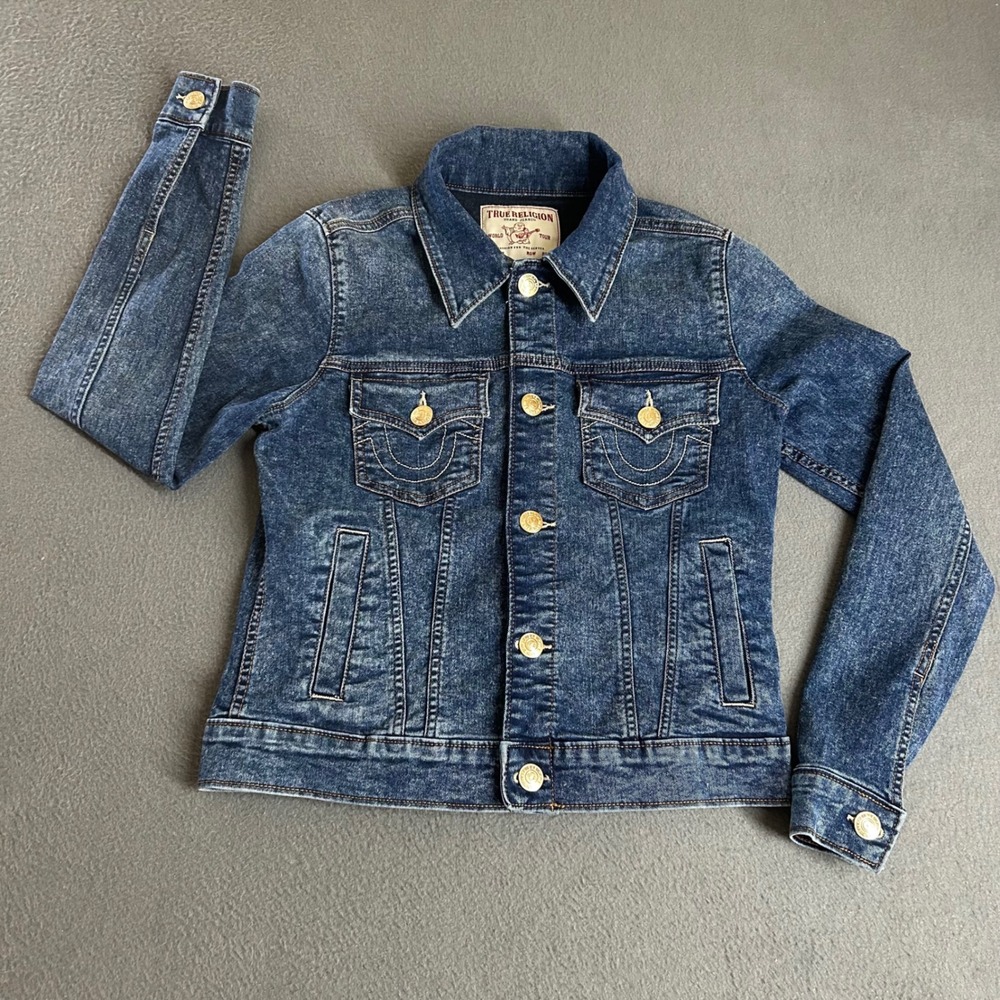 True Religion Denim Jacket Womens M Blue Jesse SN Slim Fit Acid Wash 207679